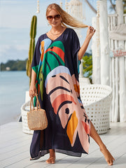  Striped V Neck Dolman Sleeve Maxi Kaftan Beach Dress