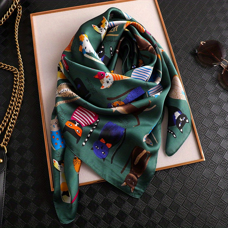 Cartoon Cat Print Square Scarf Satin Bandana Vintage Silk