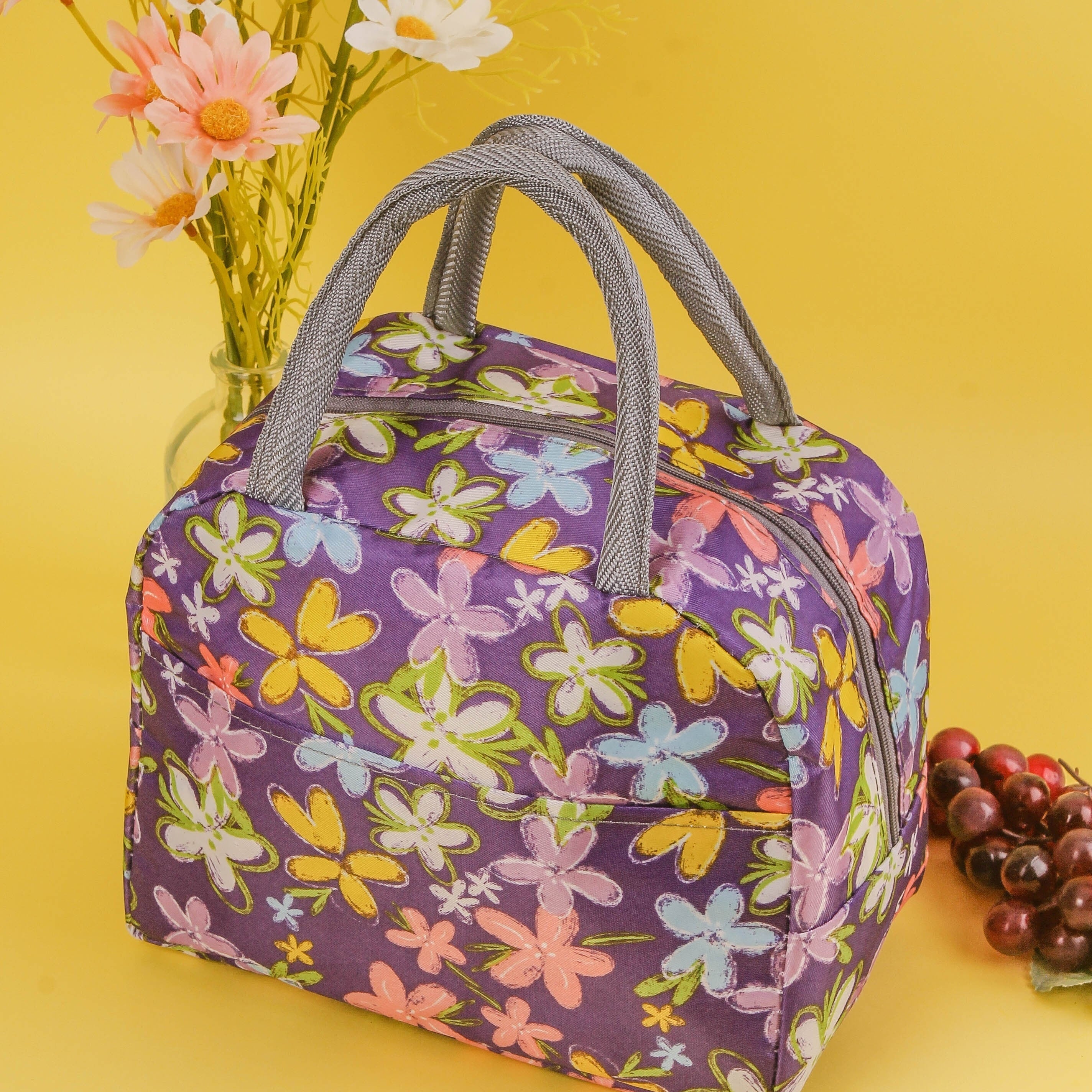 Purple Flower Bento Bag Ice Pack Waterproof Large Lunch Box Bag