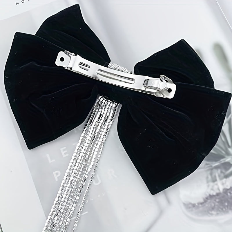 Velvet Bow Hair Clip with Rhinestone Tassel Barrette