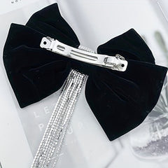 Velvet Bow Hair Clip with Rhinestone Tassel Barrette