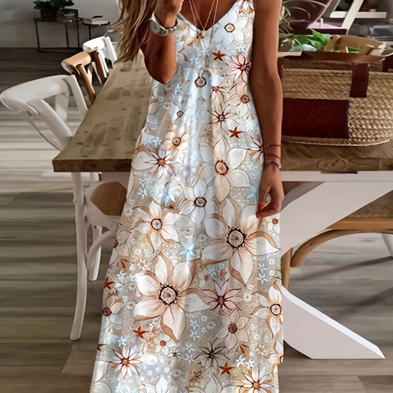  Floral Print V Neck Cami Maxi Dress