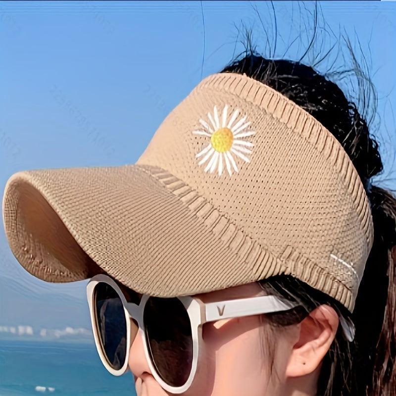 Daisy Embroidery Sun Visor Hat UV Protection Travel Beach Cap