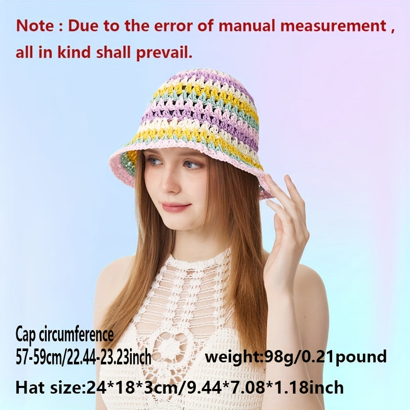 Rainbow Striped Crochet Bucket Hat Hollow Out Straw Sun Hat