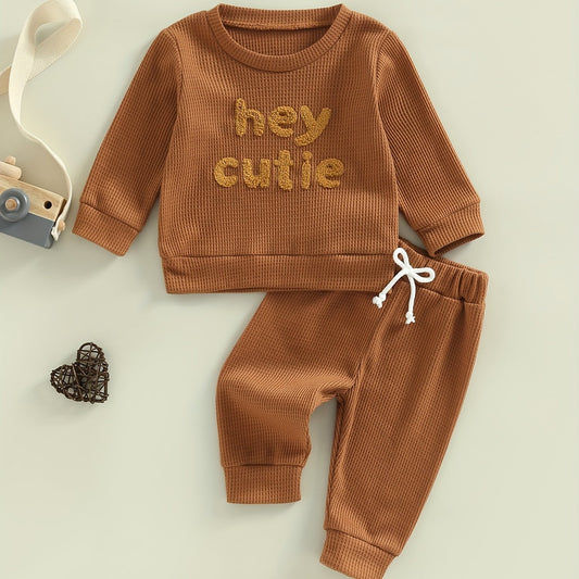 Baby Boy's Waffle Set Embroidered Sweatshirt & Trousers