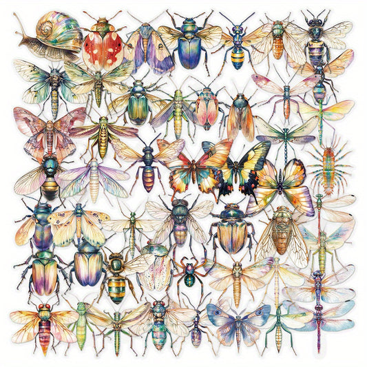 50pcs Reusable Insect Watercolor Stickers Vibrant Mixed Colors Irregular Shapes