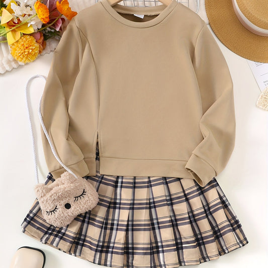 Girl's 3pcs Casual Outfit Sweatshirt & Plush Bag & Pleated Skirt S