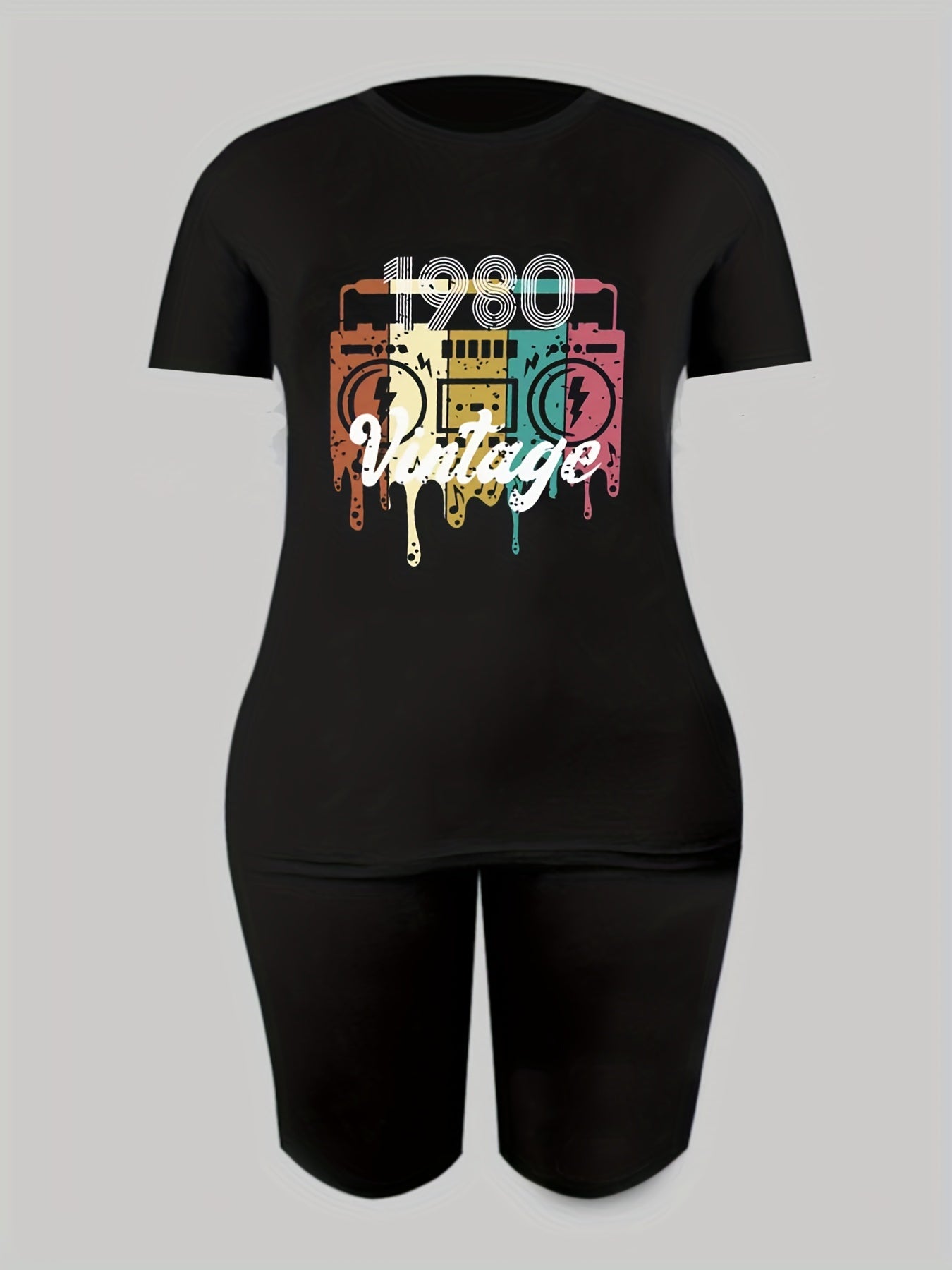 Vintage Letter Graphic T-shirt & Solid Shorts Set Women's Active