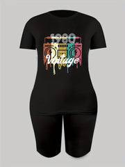 Vintage Letter Graphic T-shirt & Solid Shorts Set Women's Active