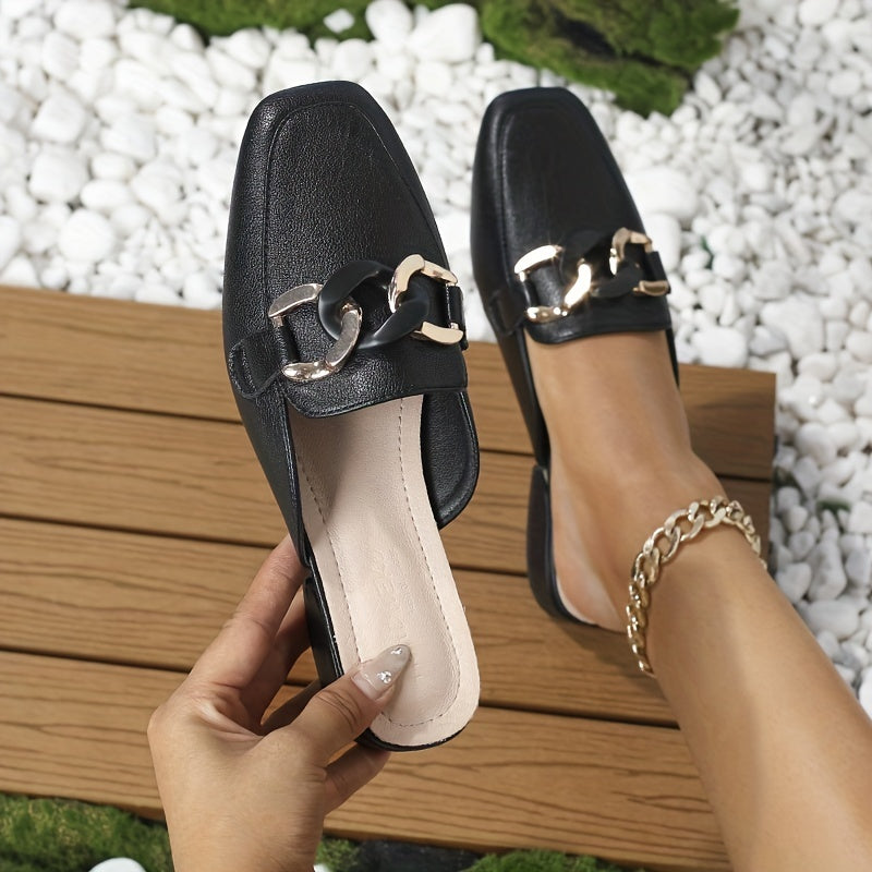 Chunky Low Heel Loafers Chain Square Toe Slip On Shoes