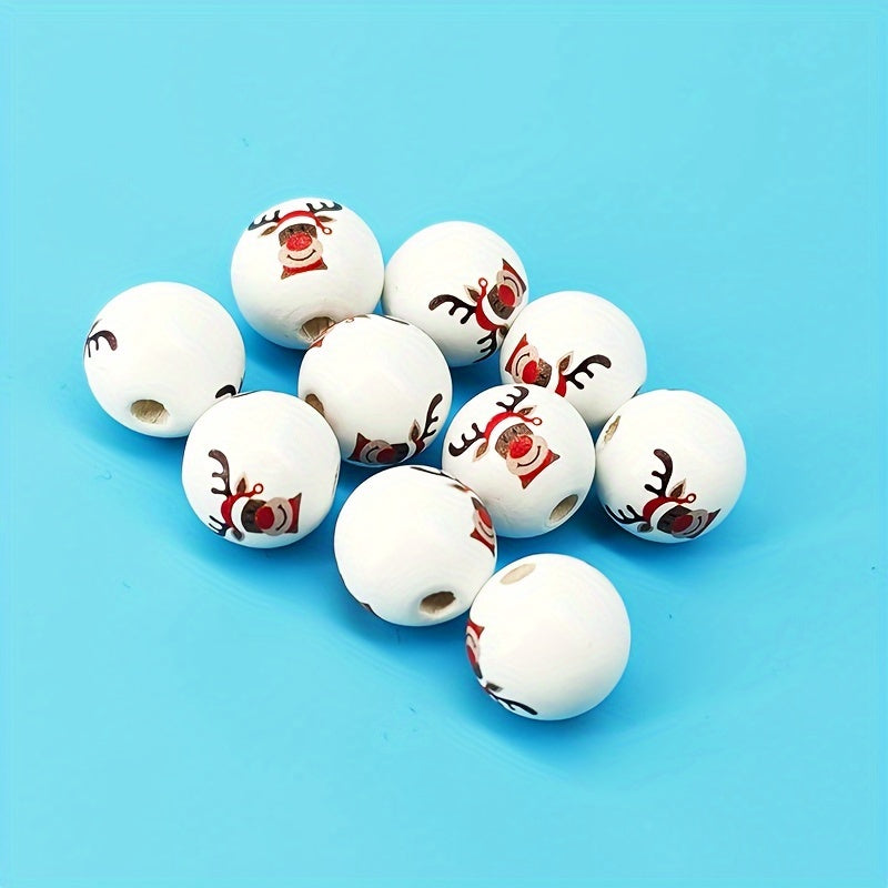 10pcs Christmas Printed Wooden Beads Set Snowman Elk Decorative