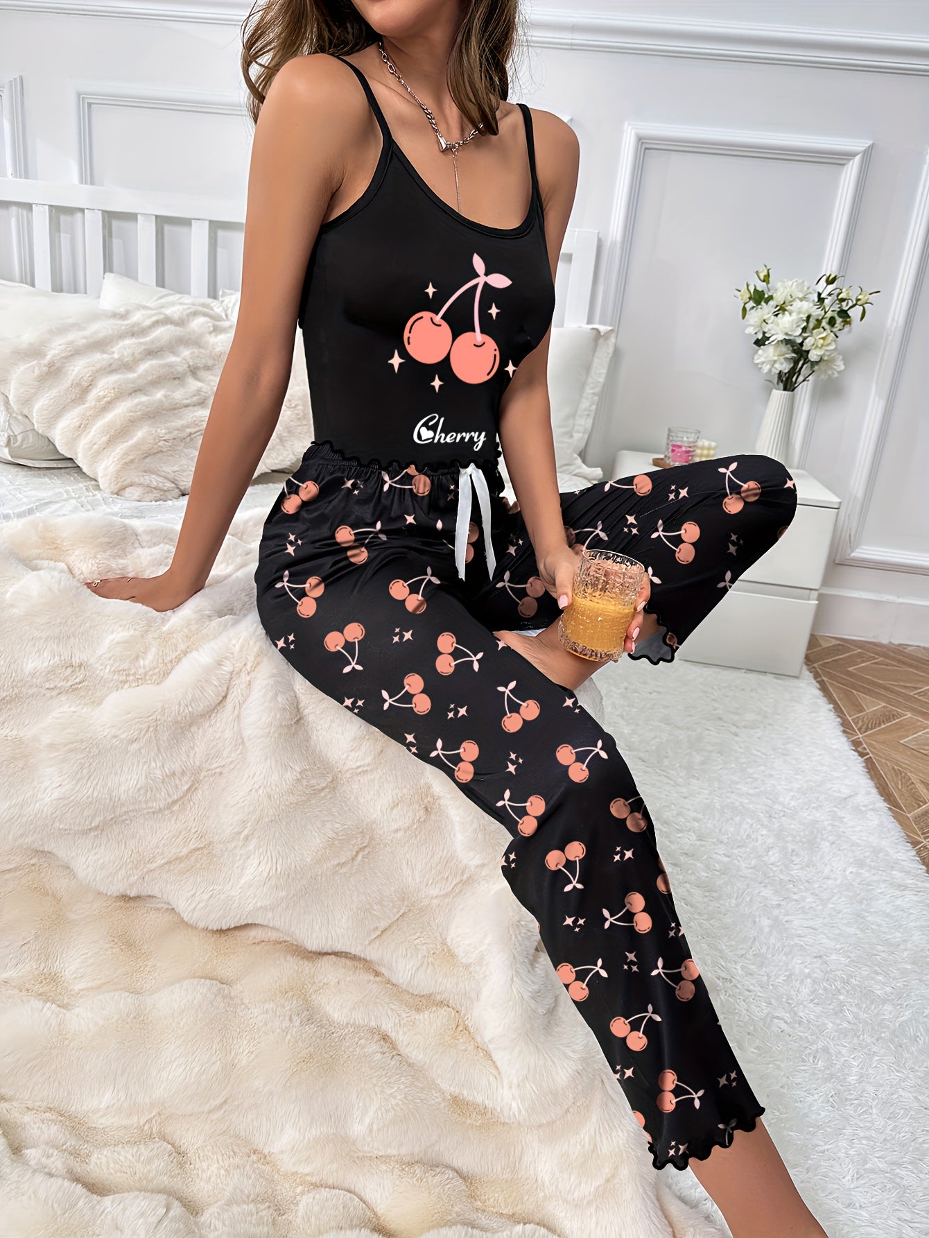 Cherry Print Pajama Set Cami Top & Pants