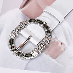 Women's Leather Belt Oval Metal Pin Buckle Inlaid Rhinestone Crystal