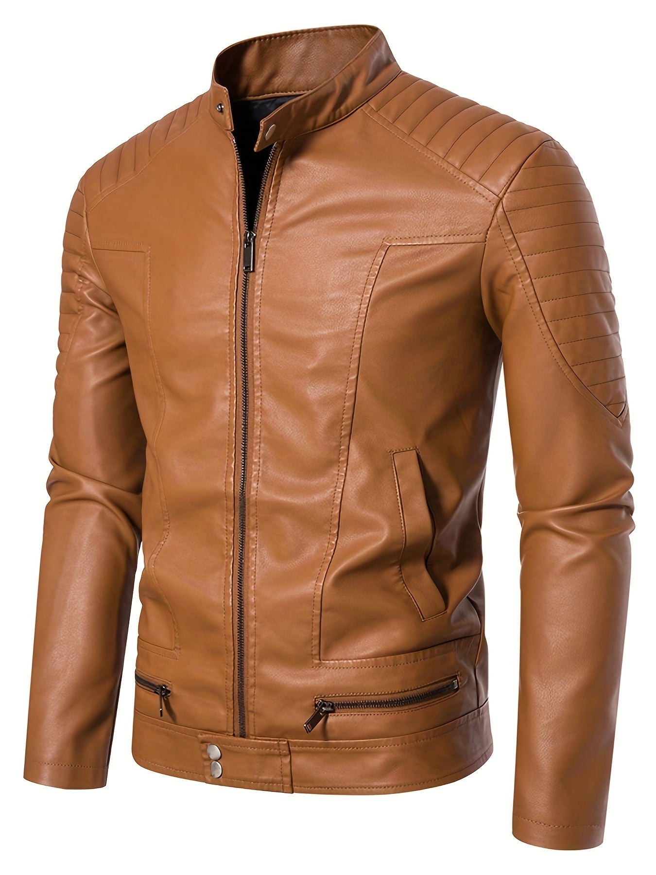 Men's PU Zip Up Stand Collar Faux Leather Jacket