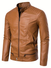 Men's PU Zip Up Stand Collar Faux Leather Jacket