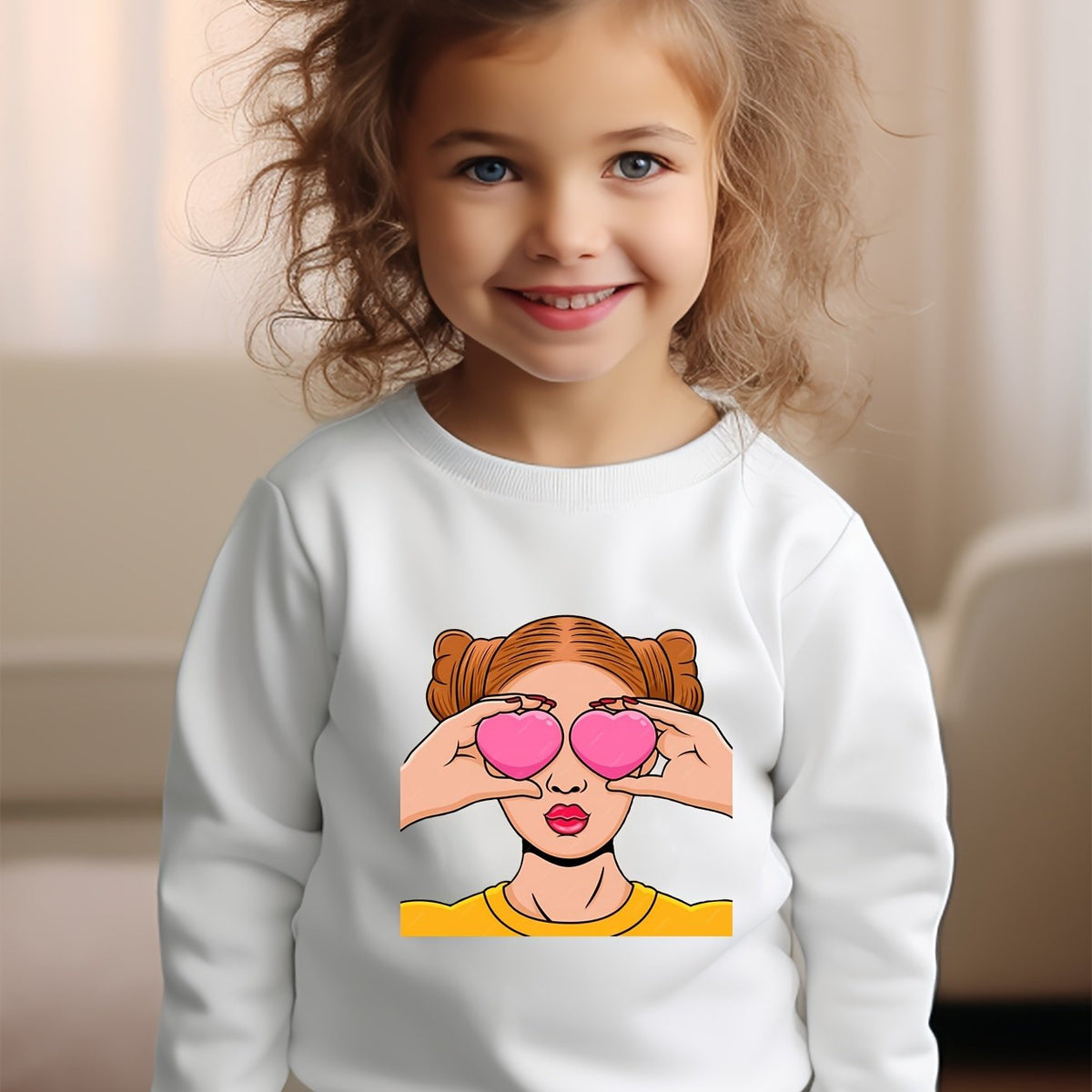 Girls Girl Pattern Crew Neck Long Sleeve Sweatshirt For Spring Fall
