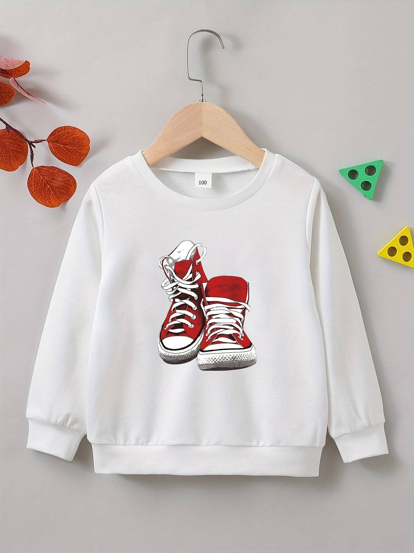 Canvas Shoes Print Boys Casual Pullover Sweatshirt Long Sleeve Crew Neck Tops