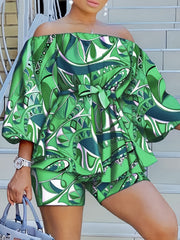  Leopard Print Off Shoulder Top & Shorts Set