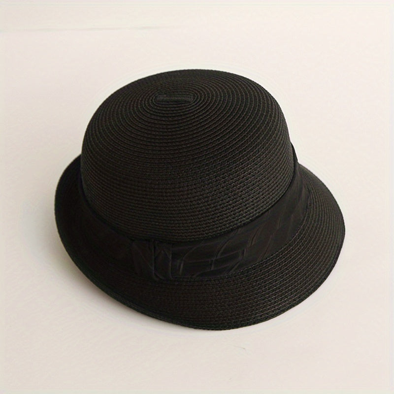 Rolled Brim Straw Fedora Sun Hat Unisex Jazz Cap Solid Color Summer Beach Hats