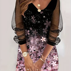  Women's Floral Print Mesh Sleeve Round Neck Dress