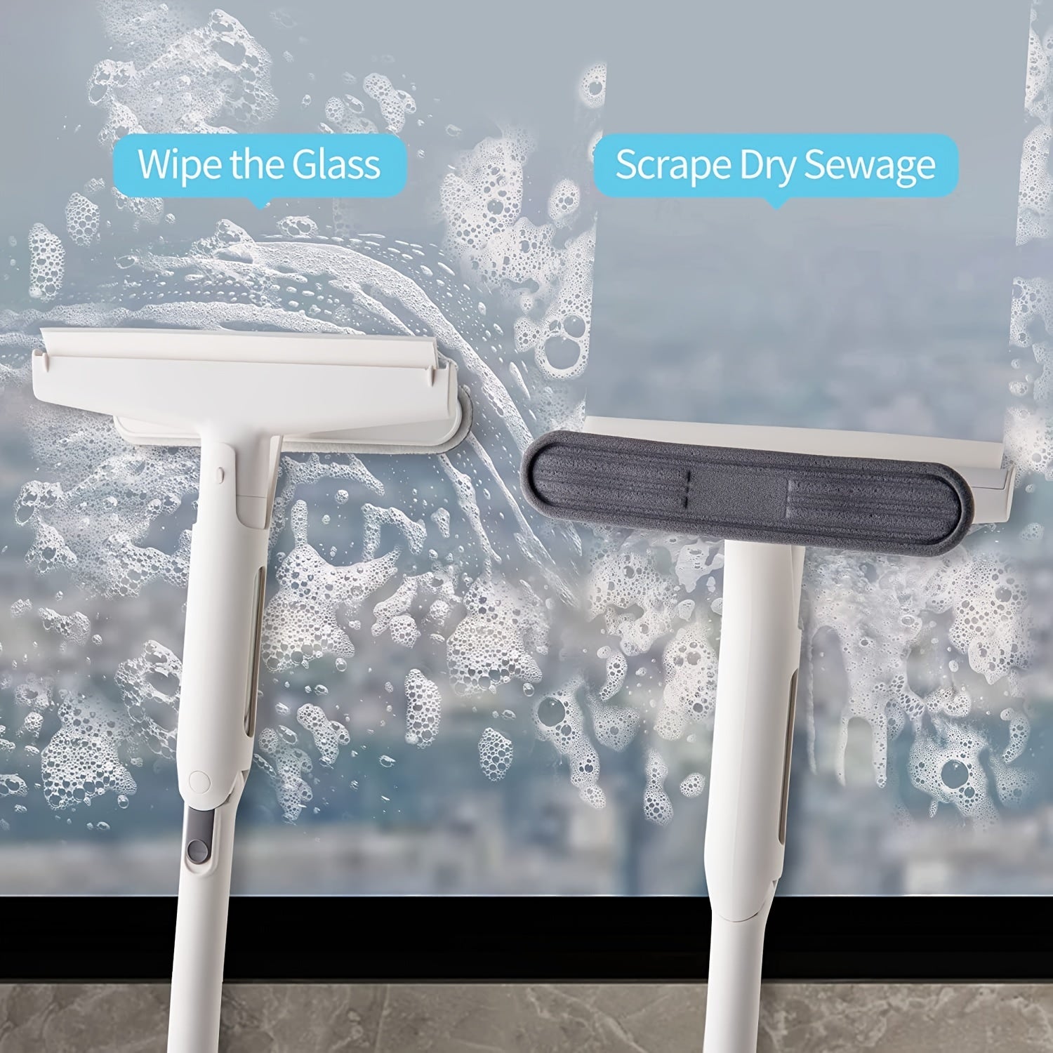 Long Handle Window Squeegee Cleaning Tool With Rubber Blade And Sponge Head