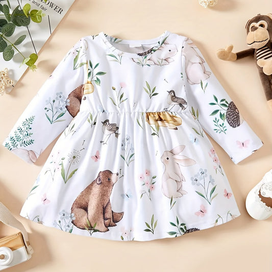 Baby Girl's Animal Print Dress Pleated Long Sleeve Dress