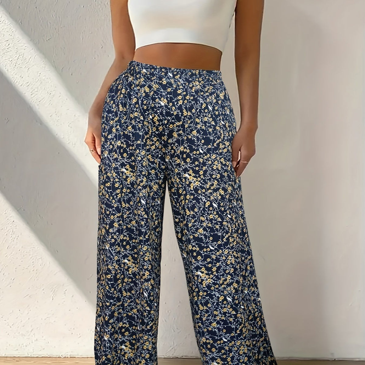  Boho Pants Women's Plus Ditsy Floral Print Elastic Waist Wide Leg Pant
