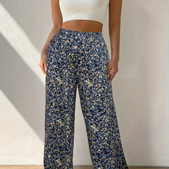  Boho Pants Women's Plus Ditsy Floral Print Elastic Waist Wide Leg Pant