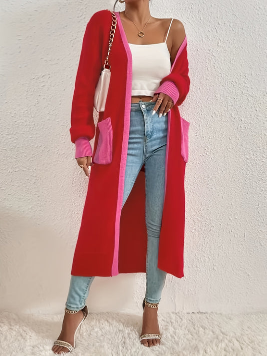 Open Front Knit Cardigan with Contrast Trim and Pocket