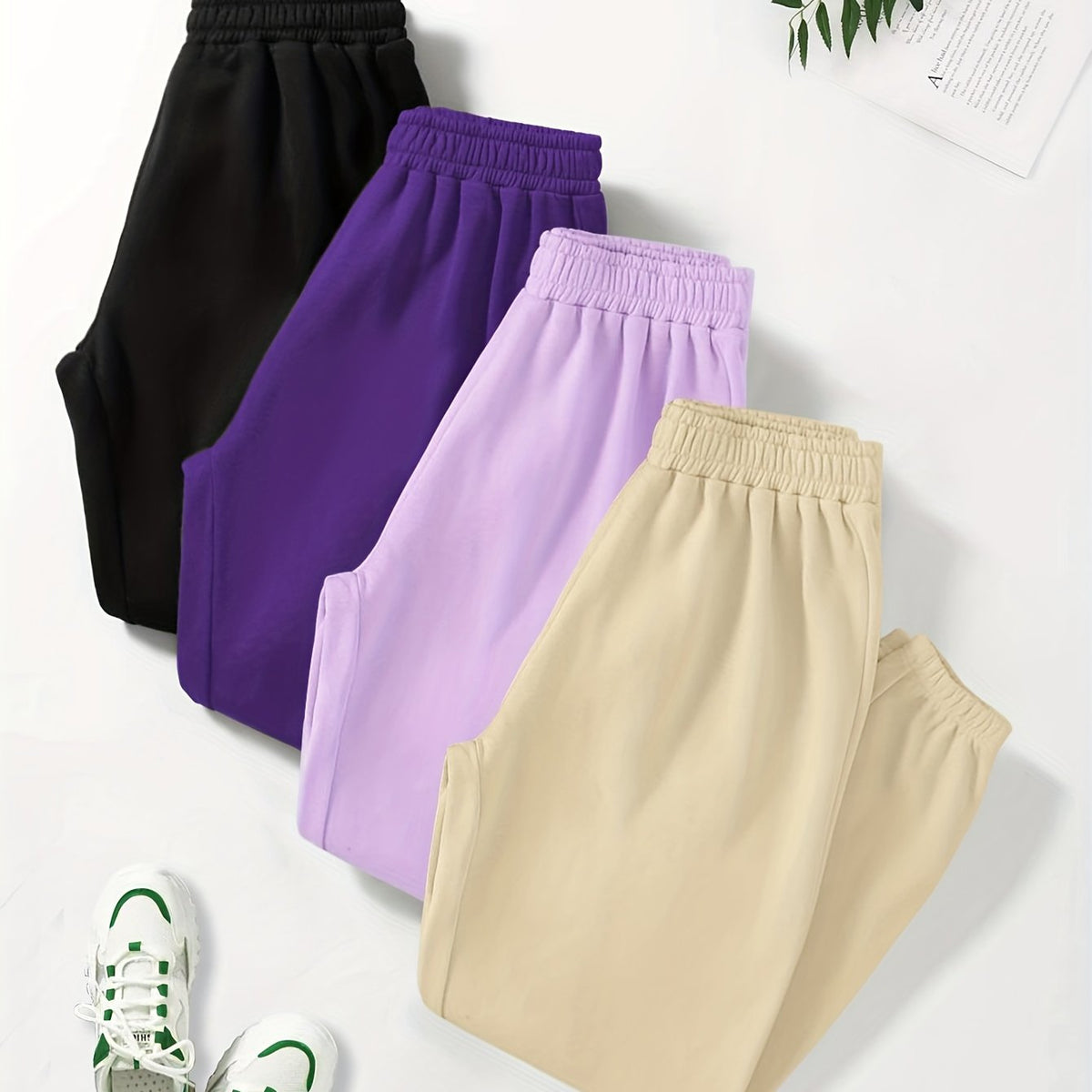 4 Pack Plus Size Sports Pants Set Women's Solid Elastic Jogger