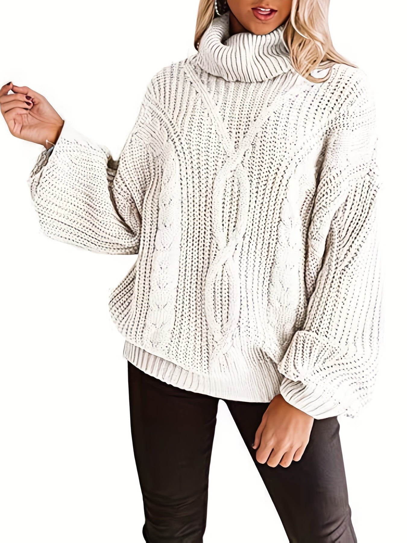  Casual Solid Lantern Sleeve Pullover Sweater
