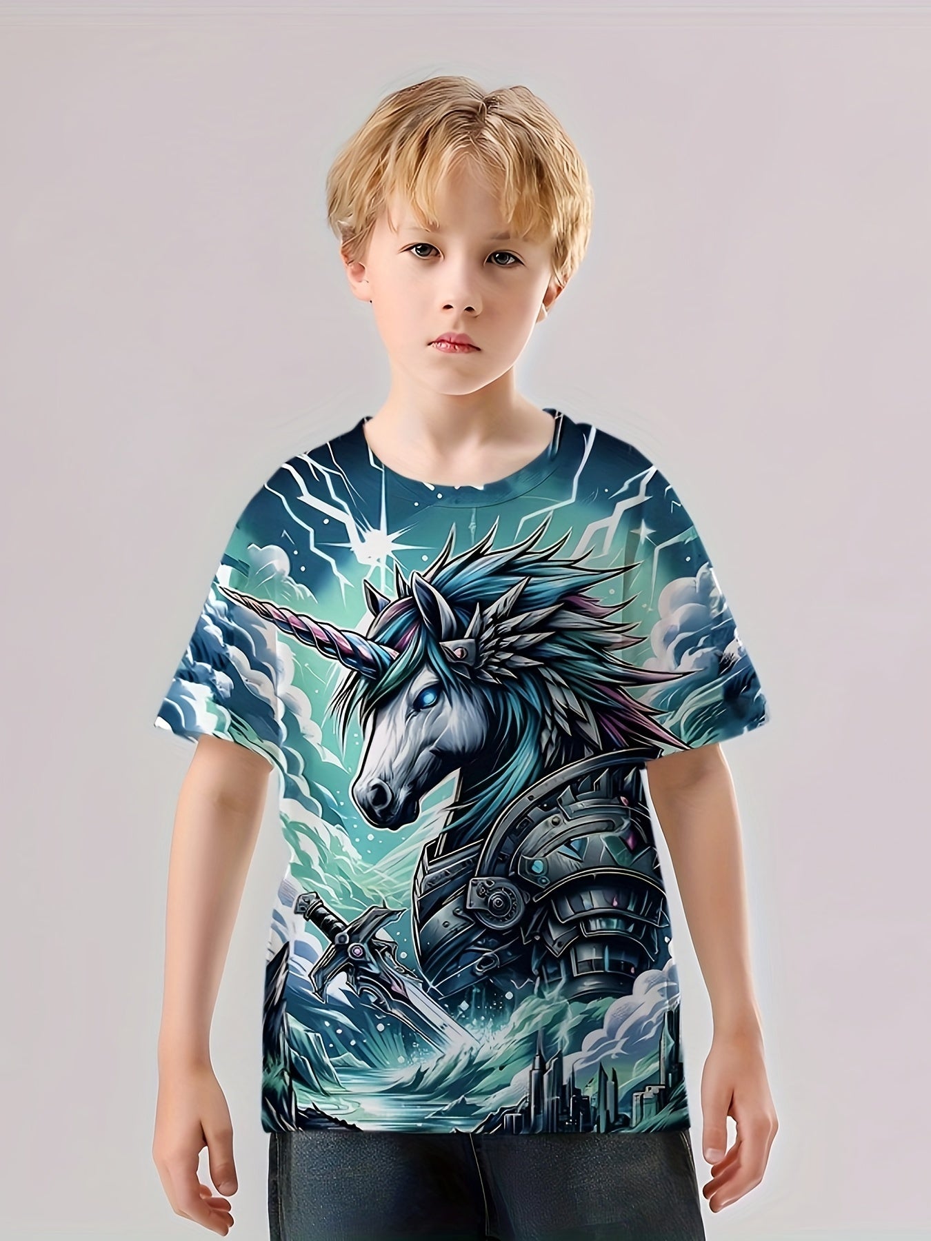 Unicorn Warrior 3D Print Boy's Tee Short Sleeve Comfy T shirt Kids Summer Clothi