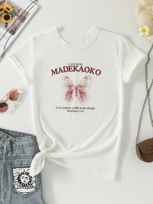 Women's Butterfly Printed Loose Fitting T-shirt Round Neck Casual Sports Top