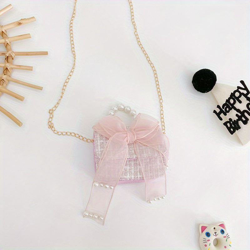 Kids Mesh Bow Handbag w/ Faux Pearl Handle Mini Messenger Bag