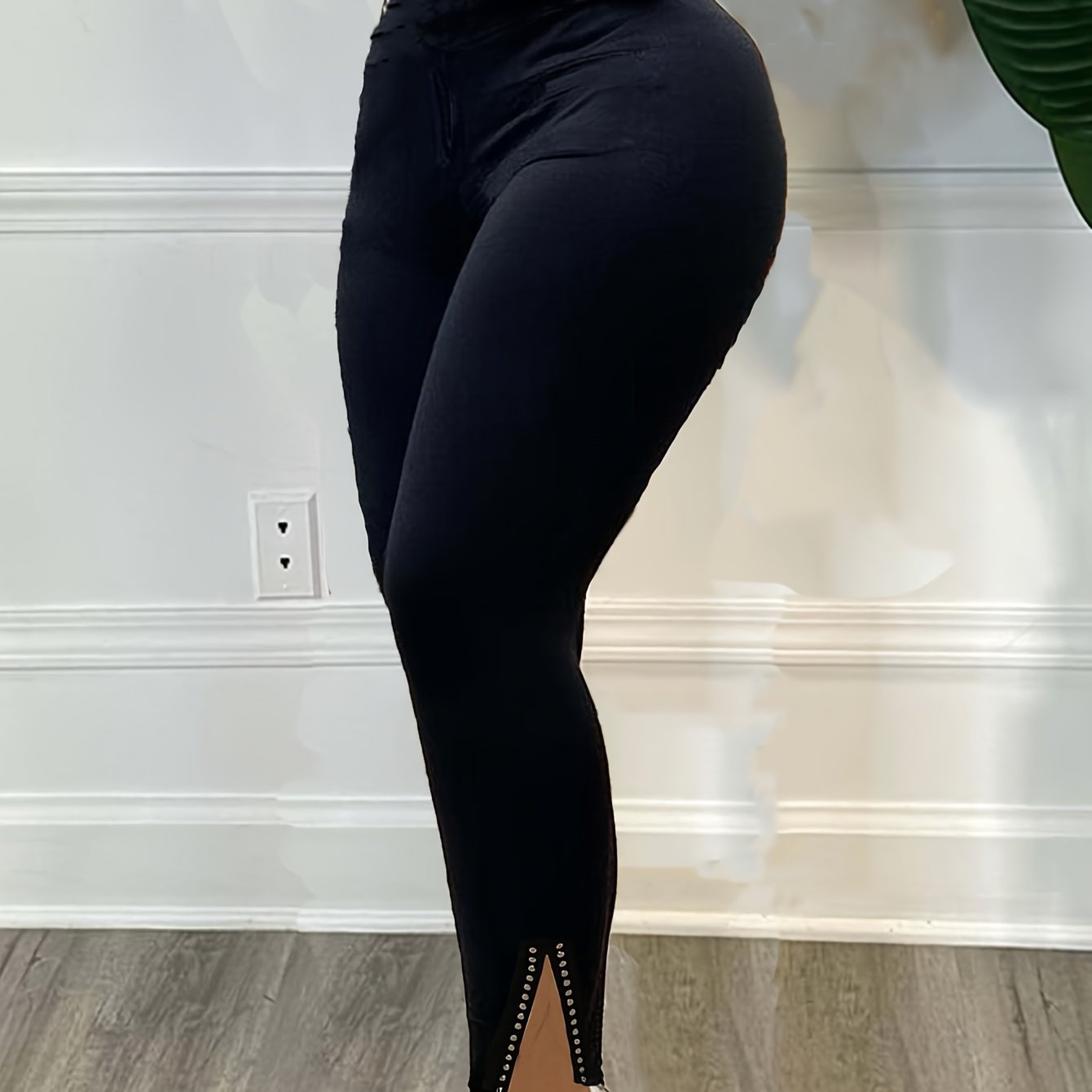  Sexy Pants Solid Beaded Elastic High Rise Side Split Trousers
