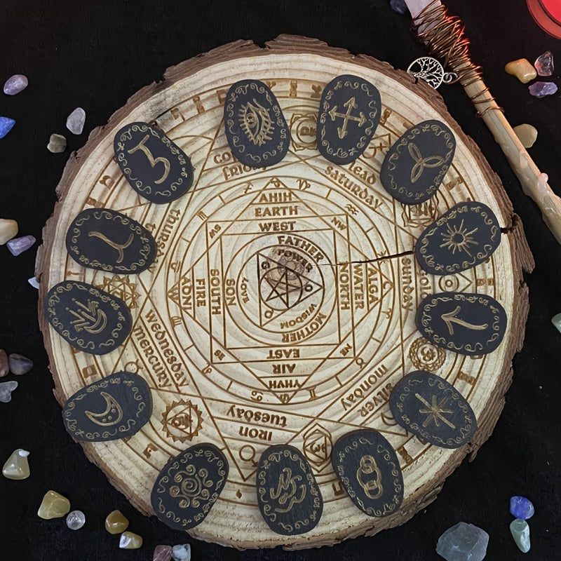 14pcs Wooden Runes Stone Set Engraved Rune Symbols for Divination