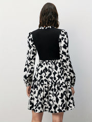  Colorblock Leopard Print Lantern Sleeve V Neck Smock Dress