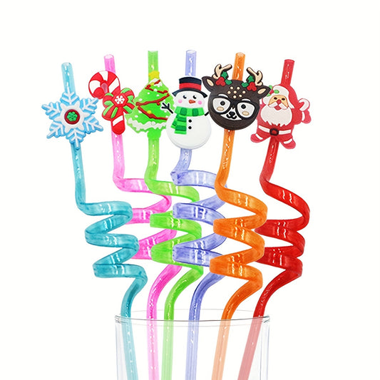 6pcs Christmas Element Bent Straw Christmas Party Tableware