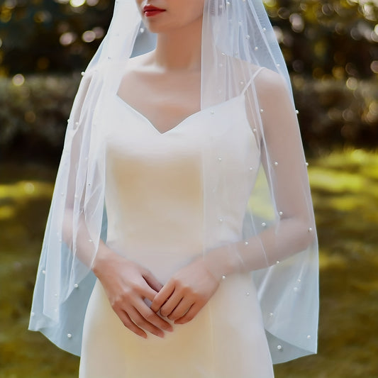 Wedding Head Veil Faux Pearl Single Layer Tulle Comb