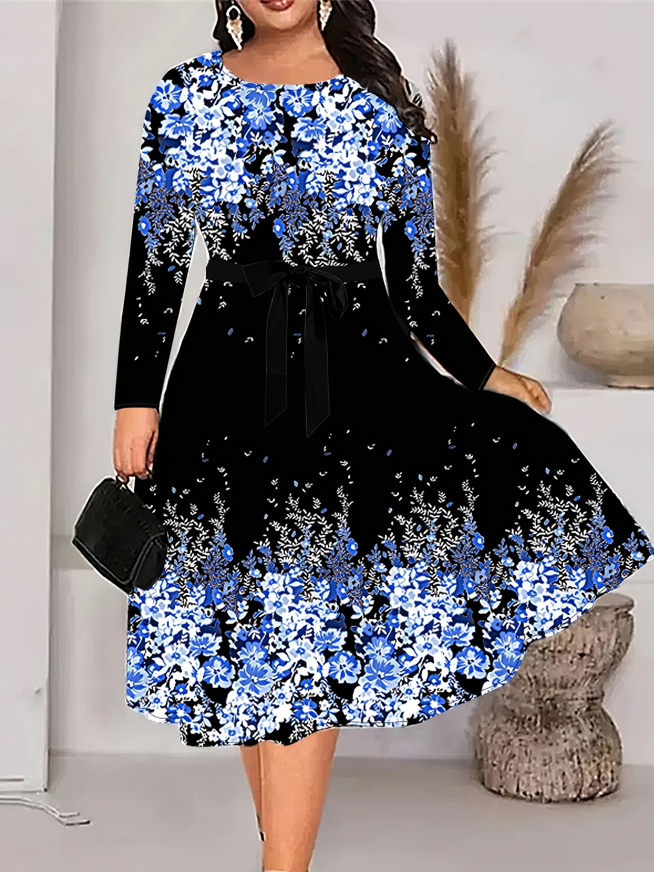  Colorblock Floral Print Round Neck Midi Dress