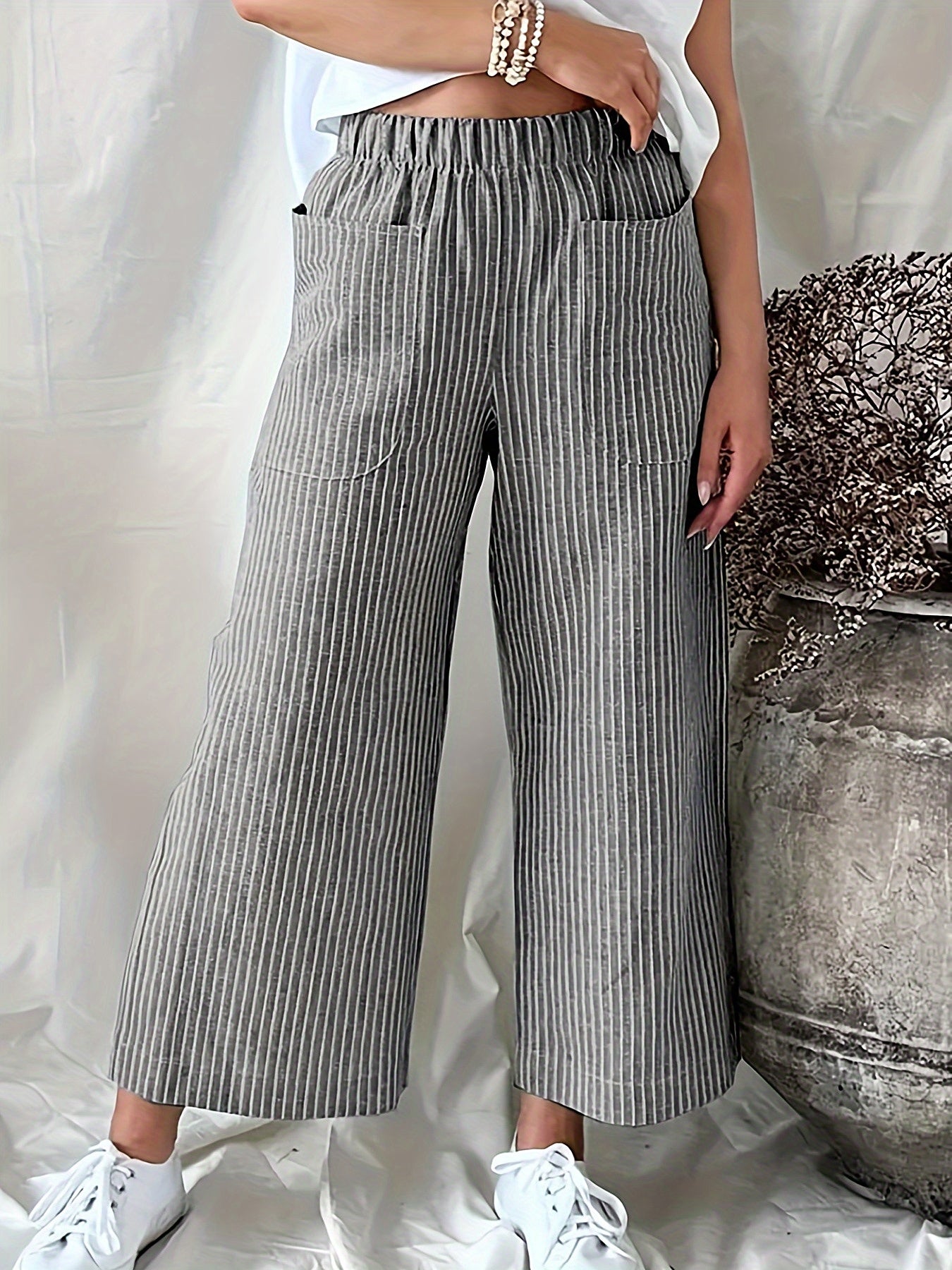  Casual Pants Women's Stripe Print High Rise Straight Leg Pants