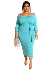 Solid Off Shoulder Long Sleeve Maxi Dress Women's Plus High Stretch