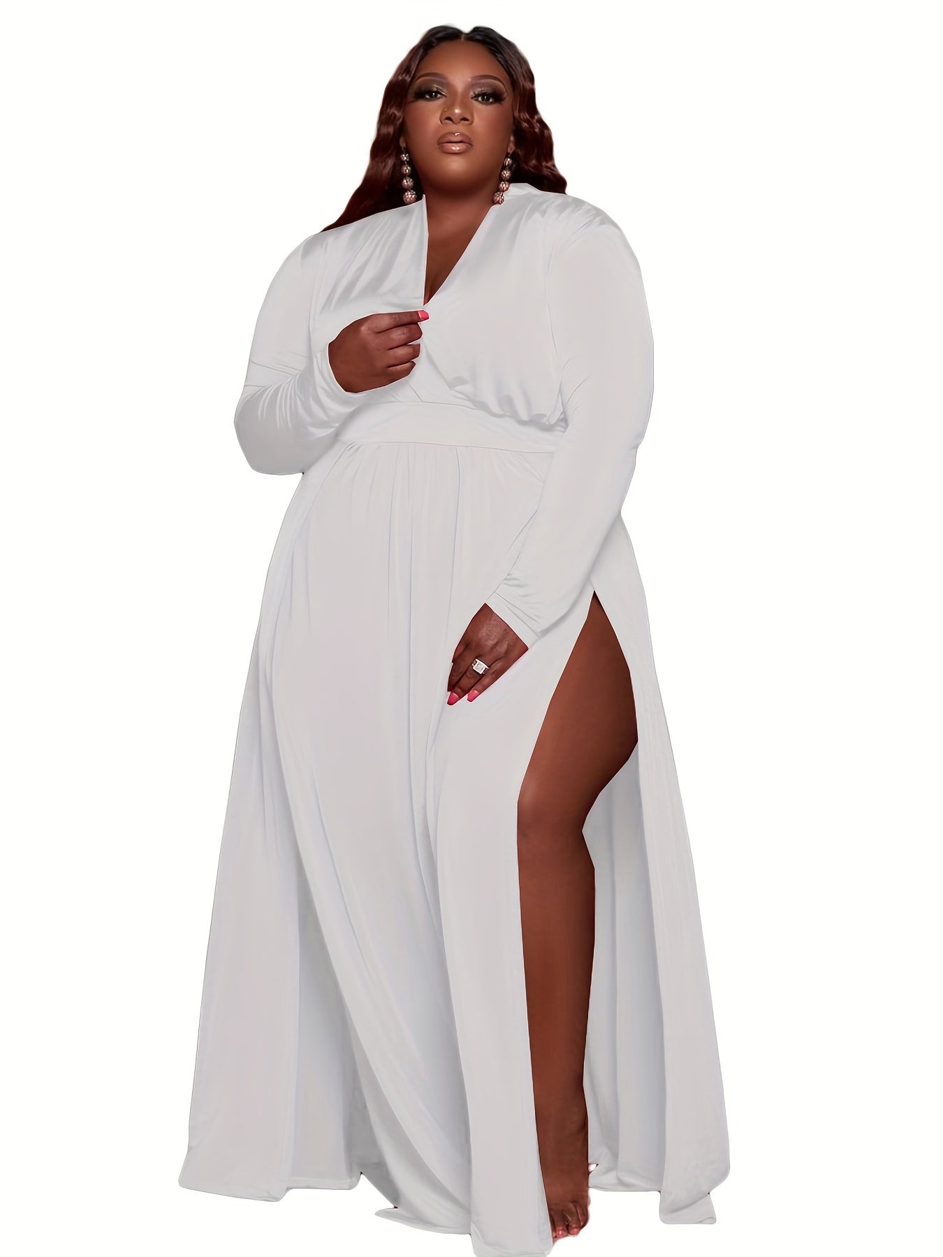  Sexy Long Sleeve Surplice Neck High Split Dress