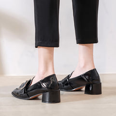 Women's Buckle Strap Block Mid Heels Loafers Square Toe British