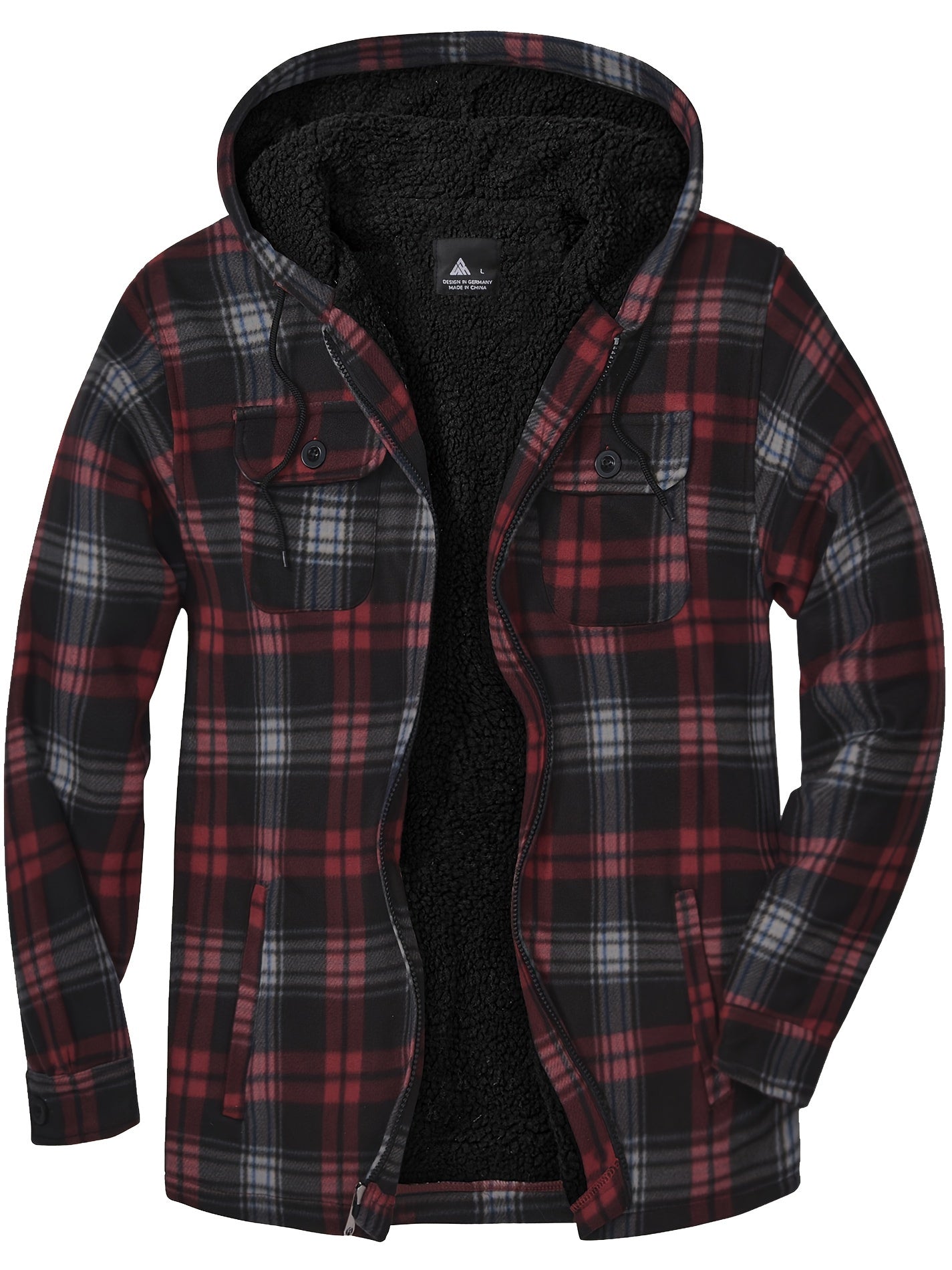 Men's Plaid Fleece Zip Hooded Jacket Outdoor Fall Winter