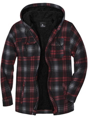 Men's Plaid Fleece Zip Hooded Jacket Outdoor Fall Winter