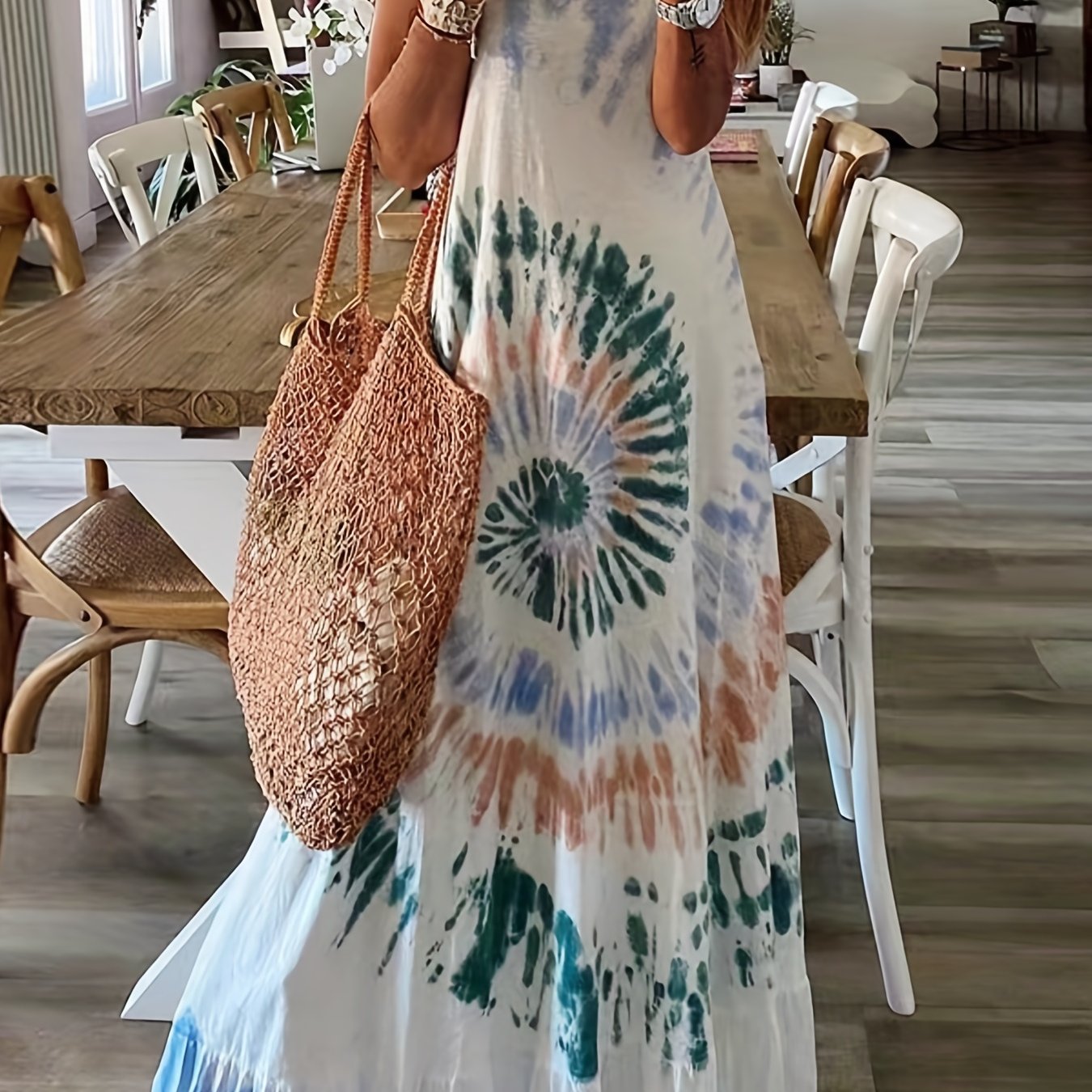  Tie Dye Maxi Tank Dress with Ruffle Trim