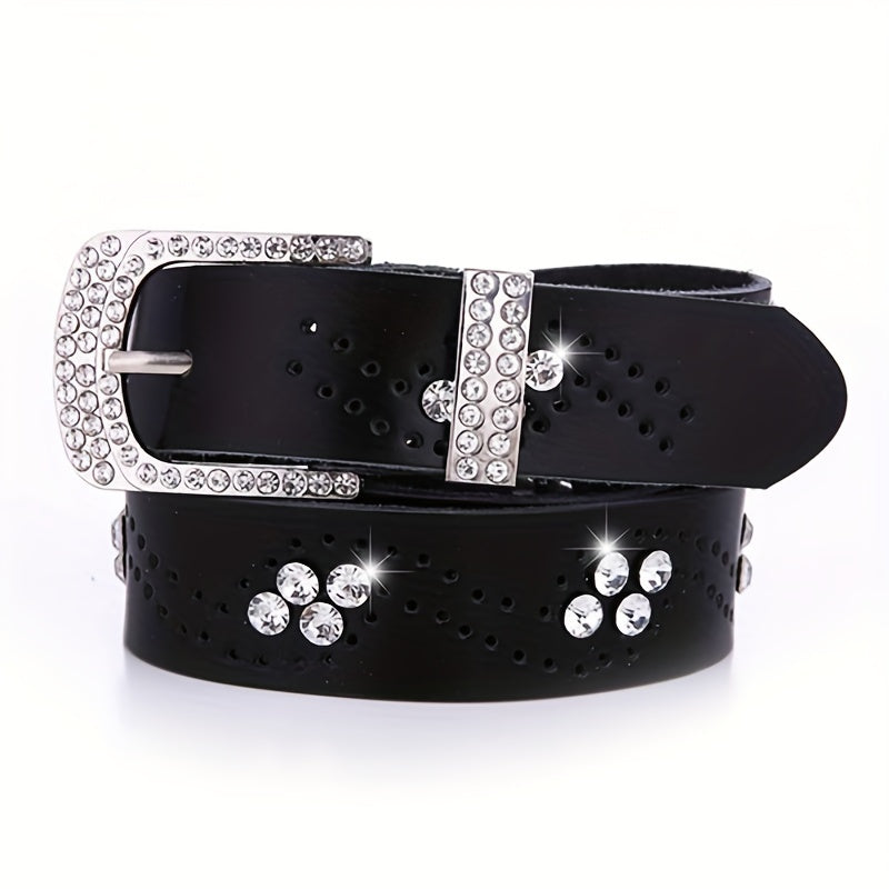 Rhinestone Leather Belt Hollow Design Casual Jeans Belt for Women