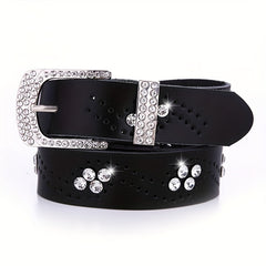 Rhinestone Leather Belt Hollow Design Casual Jeans Belt for Women