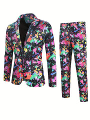 Print Suit Set Men's One Button Lapel Jacket & Pants Suit Set